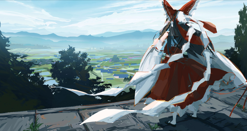 1girl absurdres black_footwear black_hair blue_sky bow clouds cloudy_sky day detached_sleeves facing_away frilled_bow frilled_skirt frills from_behind full_body gohei hair_bow hakurei_reimu haruaki_(onkai_planaria) highres holding holding_gohei landscape long_hair looking_afar looking_ahead mary_janes mountainous_horizon outdoors red_bow red_skirt red_vest ribbon-trimmed_sleeves ribbon_trim scenery shide shoes skirt sky socks solo standing stone_floor touhou tree vest village white_sleeves white_socks wide_sleeves