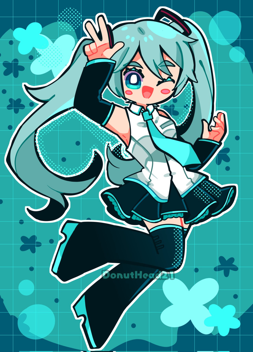 1girl aqua_necktie armpits ayam_bulan black_skirt blue_background blue_eyes blue_hair blush_stickers boots colored_eyelashes commentary detached_sleeves full_body hatsune_miku highres long_hair necktie no_nose one_eye_closed open_mouth shirt skirt solo thigh_boots twintails twitter_username v very_long_hair vocaloid white_shirt zettai_ryouiki