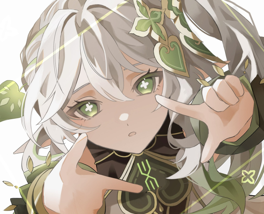 1girl 3lnsy cross-shaped_pupils detached_sleeves dress finger_frame genshin_impact green_eyes green_hair grey_hair hair_between_eyes hair_ornament highres looking_at_viewer multicolored_hair nahida_(genshin_impact) parted_lips pointy_ears ponytail side_ponytail simple_background solo symbol-shaped_pupils upper_body white_hair