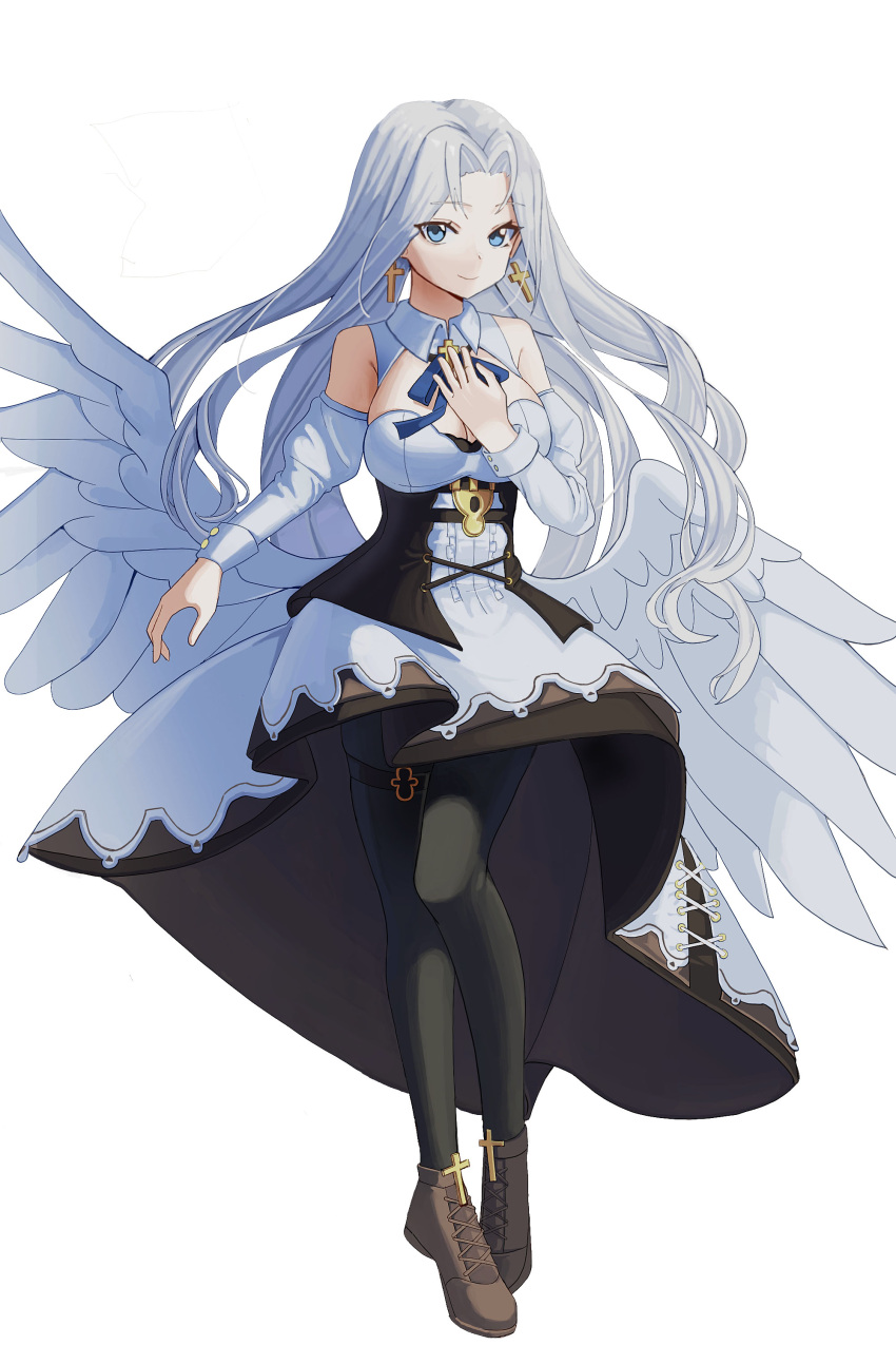 1girl absurdres azur_lane bare_shoulders black_dress black_pantyhose blue_eyes breasts brown_footwear closed_mouth collar cross cross_earrings detached_sleeves dress earrings feathered_wings frills full_body highres jewelry large_breasts layered_dress long_hair looking_at_viewer mahou_gnome pantyhose parted_bangs simple_background smile solo two-tone_dress white_background white_collar white_dress white_hair white_wings wings yorktown_(azur_lane) yorktown_ii_(azur_lane)