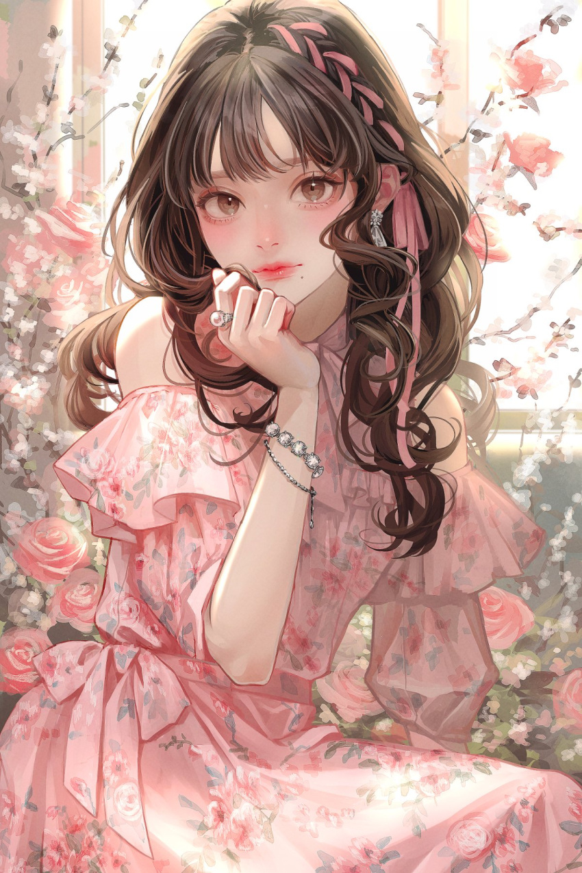 1girl arm_support backlighting bracelet brown_eyes brown_hair closed_mouth clothing_cutout commentary dress earrings expressionless eyelashes floral_print flower glint hair_ribbon hand_up highres hina_(xoxo) indoors jewelry light_blush lips long_hair looking_at_viewer mole mole_under_mouth original pink_dress pink_flower pink_ribbon pink_rose realistic ribbon ring rose shoulder_cutout sitting solo sparkling_eyes symbol-only_commentary wavy_hair window