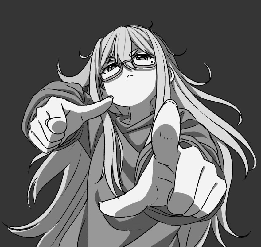 1girl :&lt; frown glasses grey_background grey_hoodie hood hoodie kay_yu long_hair looking_at_viewer mole mole_under_eye monochrome original paguroidea pointing pointing_at_viewer thick_eyebrows white_hair