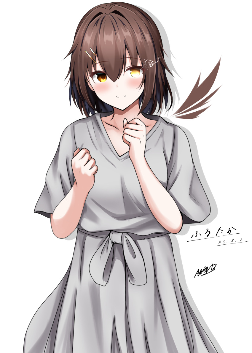 1girl abataa absurdres brown_hair character_name clenched_hands dress furutaka_(kancolle) glowing glowing_eye grey_dress hair_ornament hairclip heterochromia highres kantai_collection official_alternate_costume short_hair signature simple_background smile solo white_background yellow_eyes