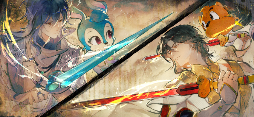 1girl 3boys absurdres aura black_hair blue_coat blue_hair blue_robe bridal_gauntlets brown_background cat_boy chinese_clothes closed_mouth coat crossover fighting_stance fins furry furry_female furry_male hair_between_eyes head_fins highres holding holding_sword holding_weapon hongmao_(hongmao_and_lantu) hongmao_and_lantu index_finger_raised jewelry lantu long_sleeves looking_at_another looking_to_the_side medium_hair multiple_boys necklace official_alternate_costume pines29405413 rabbit_girl red_eyes robe serious shirt shunde_raw_fish_(the_tale_of_food) sleeves_past_wrists smile split_screen sword taibai_duck_(the_tale_of_food) the_tale_of_food upper_body weapon white_bridal_gauntlets white_robe white_shirt yellow_eyes
