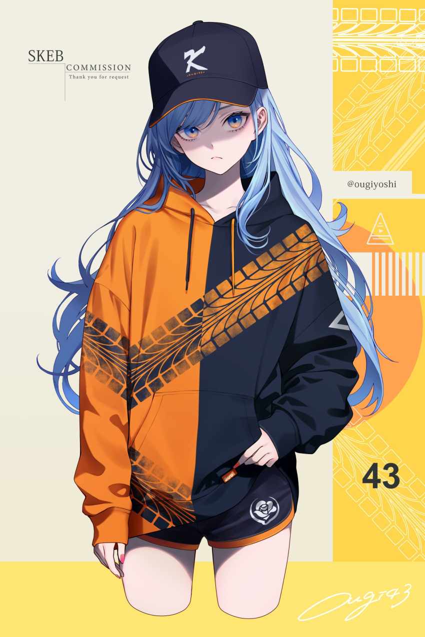 1girl absurdres baggy_clothes baseball_cap black_hoodie blue_eyes blue_hair borrowed_character chimachi commentary_request commission cropped_legs dolphin_shorts drawstring english_text fingernails frown hand_in_pocket hat highres hood hood_down hoodie long_hair looking_at_viewer minah_(chaesu) nail_polish orange_hoodie original red_nails shorts signature skeb_commission sleeves_past_wrists solo standing thank_you twitter_username two-tone_hoodie