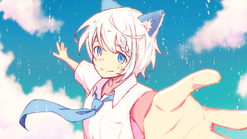 1boy animal_ear_fluff animal_ears blue_eyes blue_hair blue_necktie blue_sky blush braid breast_pocket cat_boy cat_ears closed_mouth clouds cloudy_sky collared_shirt falling floating_neckwear hair_between_eyes highres looking_at_viewer male_focus multicolored_hair necktie oka_kojiro open_hands original outstretched_arms pocket school_uniform shirt short_hair short_sleeves sidelocks sky smile solo streaked_hair upper_body white_hair white_shirt
