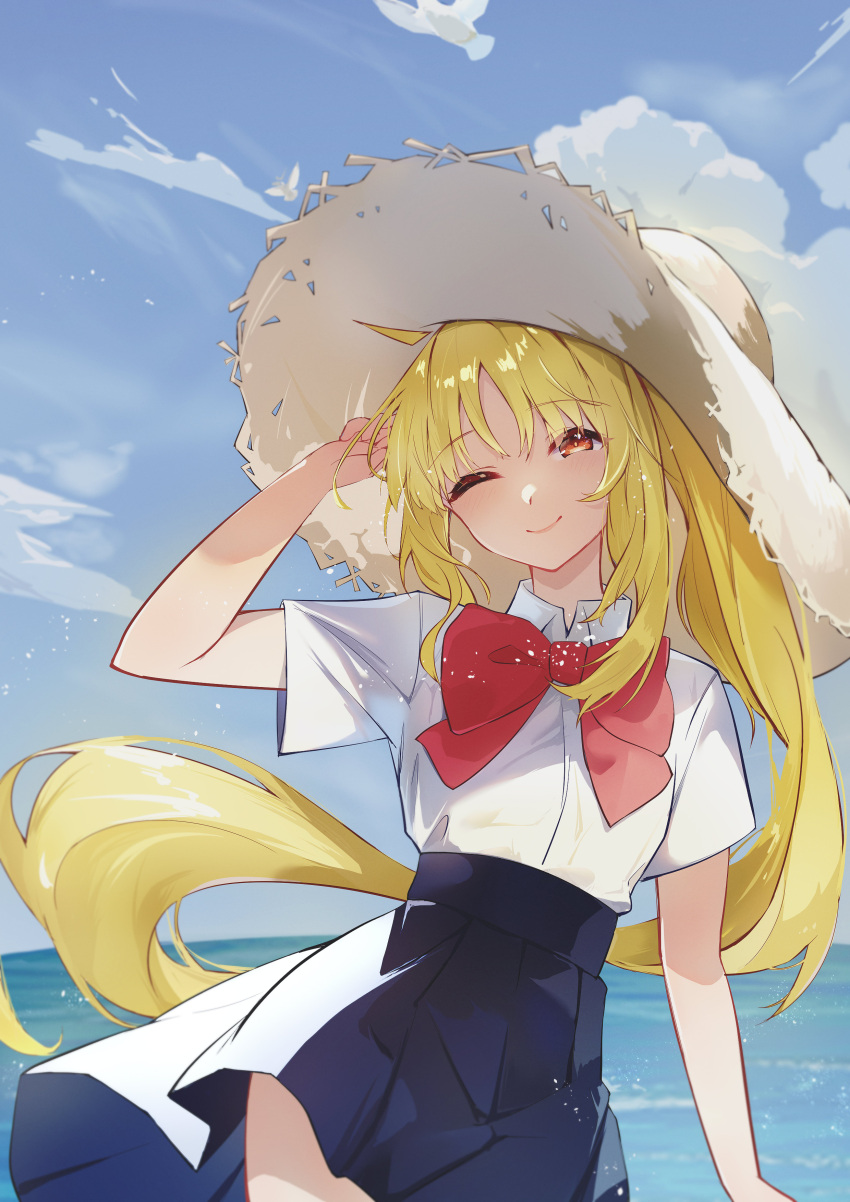 1girl ;) absurdres blonde_hair blue_sky bocchi_the_rock! bow bowtie closed_mouth clouds collared_shirt commentary_request cowboy_shot day feng1180 hand_up hat highres ijichi_nijika large_bow long_hair looking_at_viewer ocean one_eye_closed outdoors pleated_skirt red_bow red_bowtie red_eyes school_uniform shirt shirt_tucked_in short_sleeves sidelocks skirt sky smile solo standing straw_hat sun_hat white_shirt