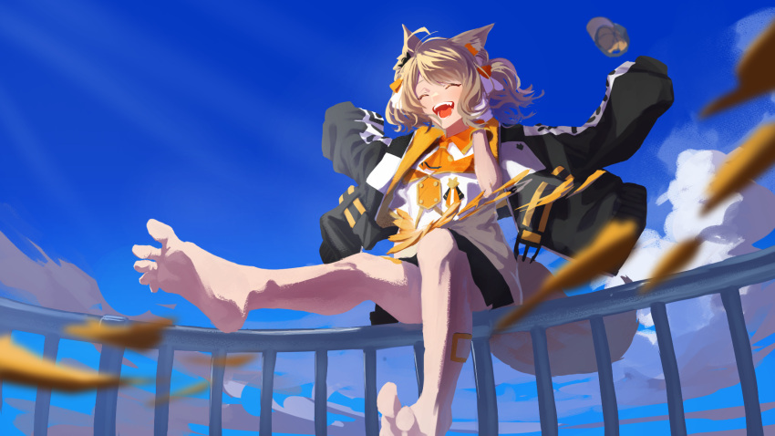 1girl ahoge animal_ear_fluff animal_ears bare_legs barefoot black_jacket blue_sky blurry brown_hair closed_eyes clouds depth_of_field facing_viewer highres jacket long_sleeves open_mouth original outdoors outstretched_arms shibainu_illust shirt short_hair sidelocks sitting sky smile soles solo teeth toes tongue very_long_sleeves white_shirt