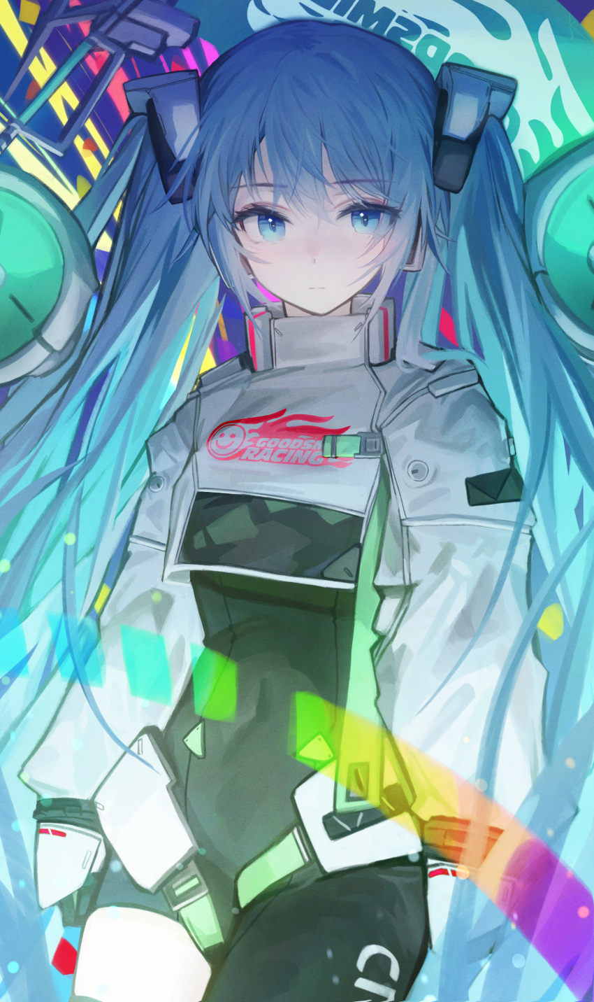 1girl absurdres asymmetrical_bodysuit black_bodysuit blue_eyes blue_hair bodysuit boots closed_mouth commentary covered_navel cowboy_shot cropped_jacket flame_print hatsune_miku highres jacket long_hair long_sleeves looking_at_viewer mihoranran racequeen racing_miku racing_miku_(2022) single_leg_bodysuit single_thigh_boot single_thighhigh smiley_face solo text_print thigh-highs thigh_boots twintails very_long_hair vocaloid white_jacket