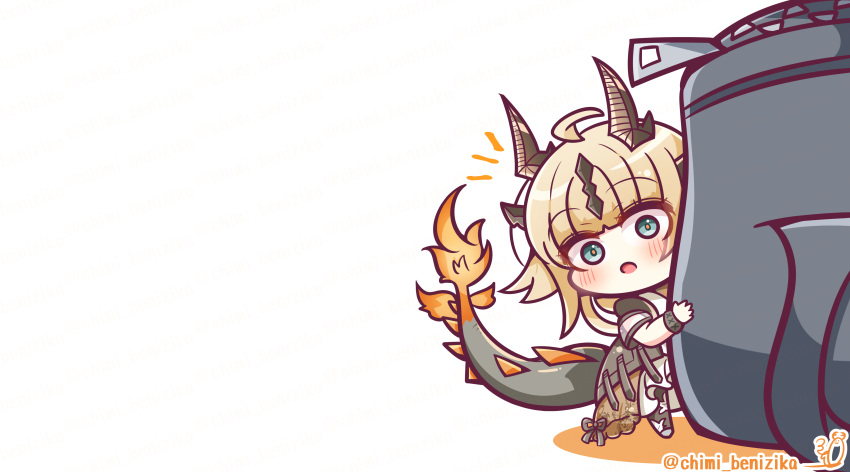 1girl absurdres ahoge arknights benizika black_jacket black_pantyhose blonde_hair blue_eyes blush chibi colored_shadow dragon_girl dragon_horns dragon_tail dress flame-tipped_tail highres horns jacket long_hair looking_at_viewer notice_lines pantyhose parted_lips peeking_out recruitment_bag_(arknights) reed_(arknights) shadow simple_background solo tail twitter_username white_background white_dress