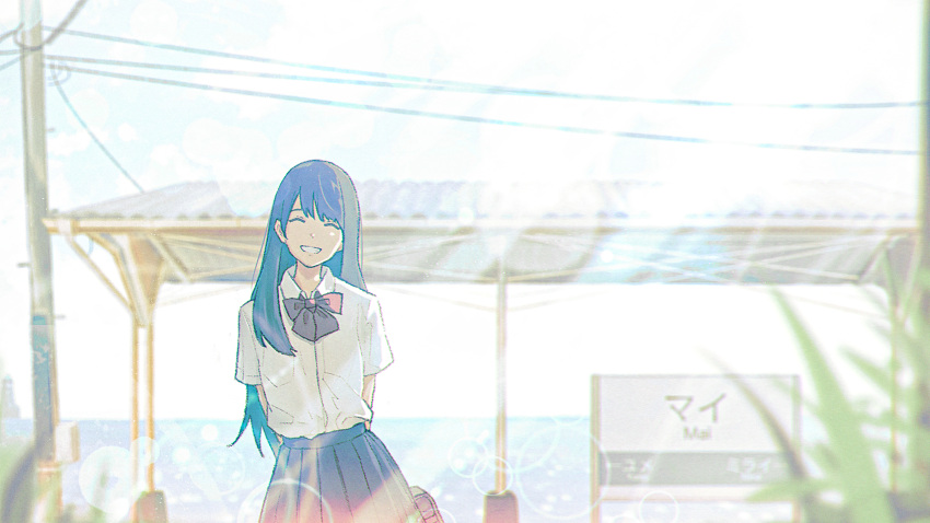 1girl arms_behind_back bag black_hair black_skirt blue_sky bow bowtie closed_eyes collared_shirt cowboy_shot day facing_viewer grin high-waist_skirt highres holding holding_behind_back horizon lens_flare light_rays long_hair looking_at_viewer ocean oka_kojiro open_mouth original outdoors pleated_skirt power_lines red_bow red_bowtie scenery school_bag school_uniform shirt shirt_tucked_in short_sleeves skirt sky smile solo straight-on straight_hair teeth train_station_platform utility_pole white_shirt