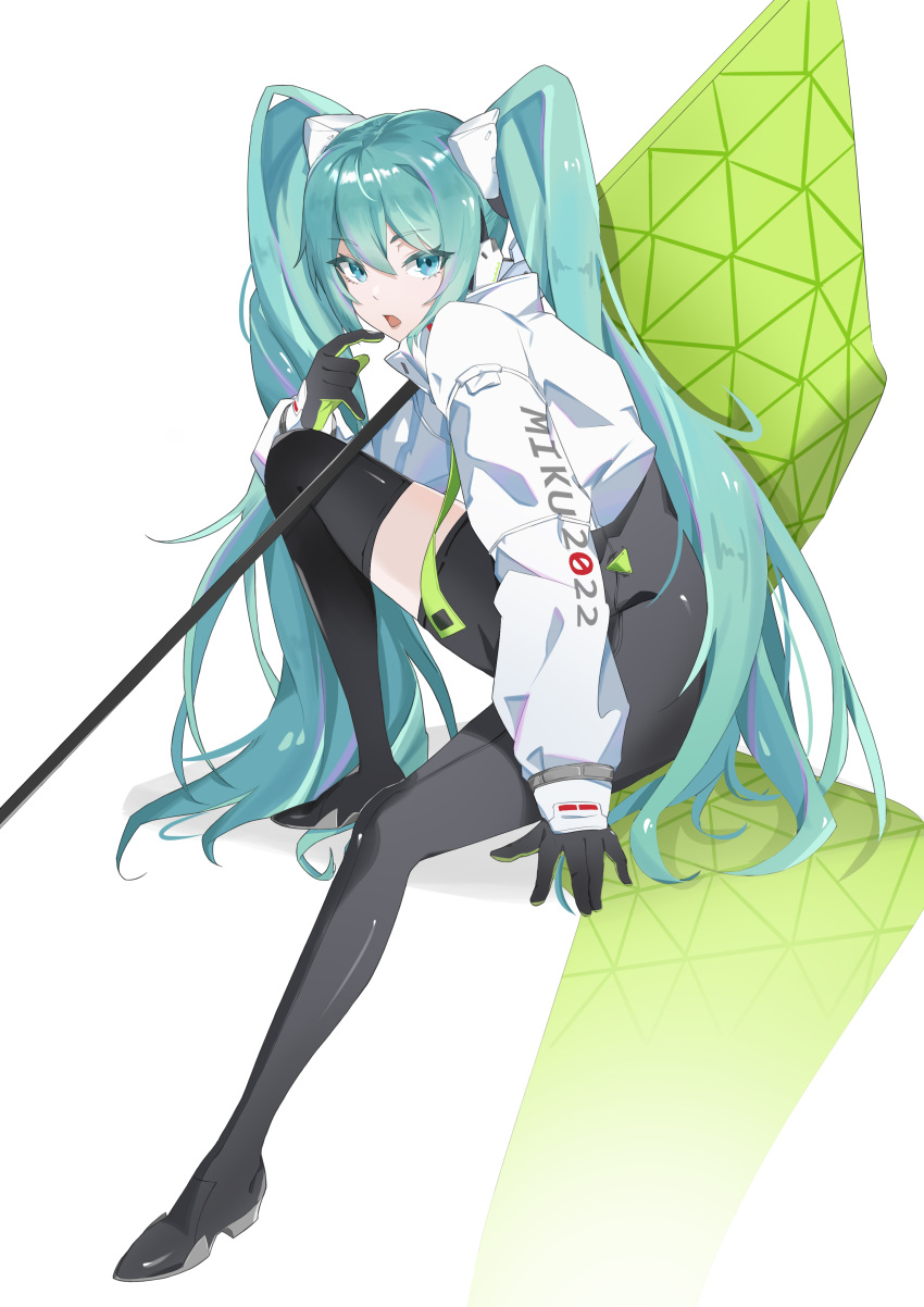 1girl absurdres aqua_eyes aqua_hair asymmetrical_bodysuit black_bodysuit black_gloves bodysuit boots cropped_jacket english_commentary flagpole full_body gloves green_flag green_gloves hatsune_miku hatsune_miku_expo highres index_finger_raised jacket knee_up long_hair long_sleeves looking_at_viewer open_mouth racequeen racing_miku racing_miku_(2022) simple_background single_leg_bodysuit single_thigh_boot single_thighhigh sitting solo text_print thigh-highs thigh_boots twintails two-tone_gloves very_long_hair vocaloid white_background white_jacket xuese_kkk