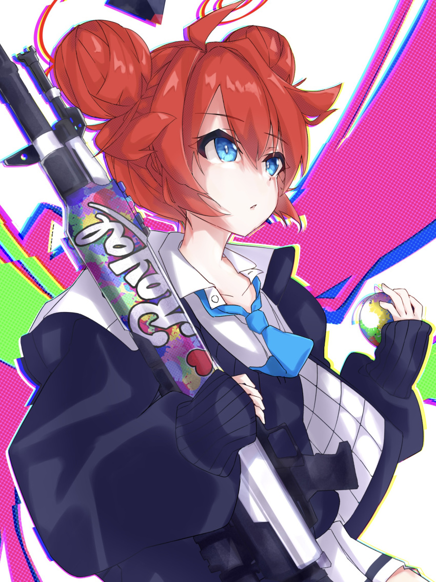 1girl ahoge blue_archive blue_eyes blue_necktie blue_sweater_vest collarbone double_bun general_dynamics_lwmmg hair_bun halo highres holding holding_weapon hood hooded_jacket jacket long_sleeves looking_afar maki_(blue_archive) necktie parted_lips redhead shirt short_hair sidelocks solo sukuuro sweater_vest weapon white_shirt