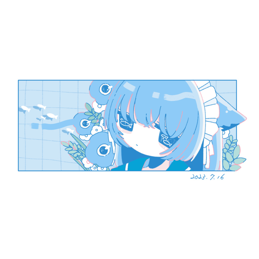 1girl anemone_(flower) black_sailor_collar blue_flower blue_hair blue_theme blunt_bangs dated dot_mouth fish fish-shaped_pupils flower highres jitome long_bangs long_hair looking_at_viewer maid_headdress negative_space original plant sailor_collar shadow sidelocks simple_background solid_eyes solo sskitaco tile_wall tiles underwater white_background