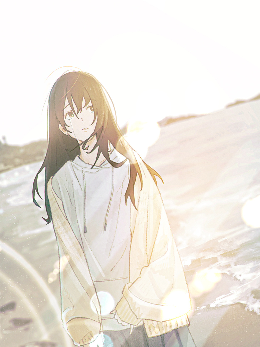 1girl absurdres beach black_eyes brown_hair cardigan cowboy_shot crying crying_with_eyes_open day dot_nose drawstring dutch_angle grey_skirt hair_between_eyes highres hood hood_down hoodie horizon layered_clothes lens_flare long_hair long_sleeves looking_to_the_side ocean oka_kojiro open_cardigan open_clothes open_mouth original outdoors pleated_skirt sidelocks skirt sleeves_past_wrists solo straight_hair streaming_tears tears water white_hoodie yellow_cardigan