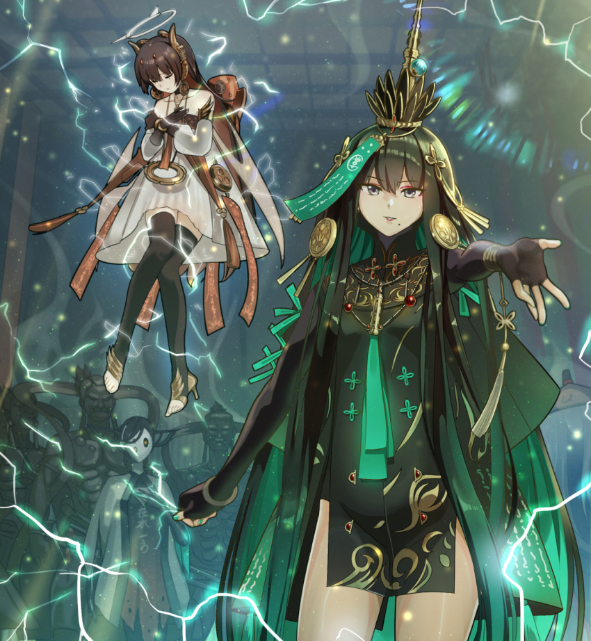 2girls armlet bare_shoulders black_gloves black_thighhighs bracelet china_dress chinese_clothes colored_inner_hair crown detached_sleeves dress earrings elbow_gloves electricity fake_horns fingerless_gloves gloves gold_earrings gold_horns green_dress green_hair green_nails grey_eyes hair_ornament halo highres horns jewelry long_hair lucia:_plume_(eventide_glow)_(punishing:_gray_raven) lucia:_plume_(punishing:_gray_raven) lucia_(punishing:_gray_raven) mole mole_under_mouth multicolored_hair multiple_girls necklace parted_lips punishing:_gray_raven qu_(punishing:_gray_raven) redhead restrained robot see-through talisman thigh-highs very_long_hair white_dress wide_sleeves yewang19