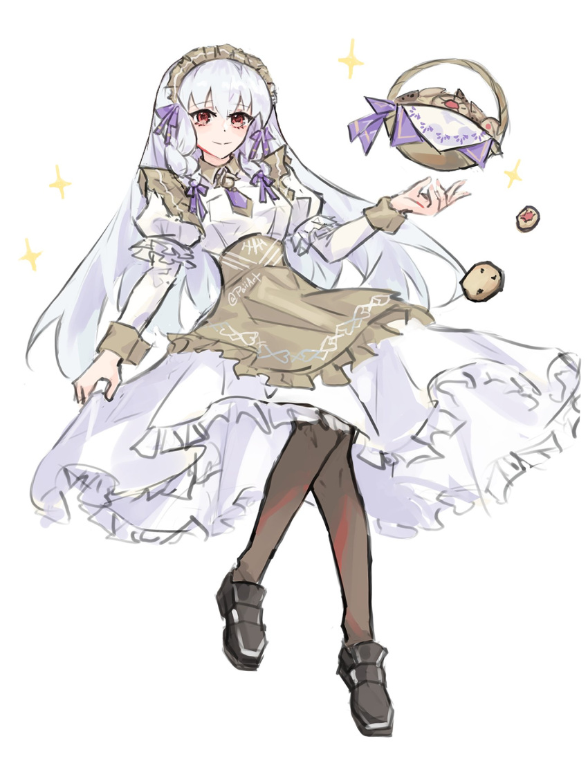 1girl apron basket black_footwear braided_sidelock cookie dress fire_emblem fire_emblem:_three_houses fire_emblem_heroes food frilled_apron frilled_dress frills full_body hair_ribbon highres long_hair looking_at_viewer lysithea_von_ordelia lysithea_von_ordelia_(tea_party) maid maid_apron maid_headdress official_alternate_costume official_alternate_hairstyle paiiart pantyhose ribbon smile solo violet_eyes white_background white_dress white_hair wrist_cuffs
