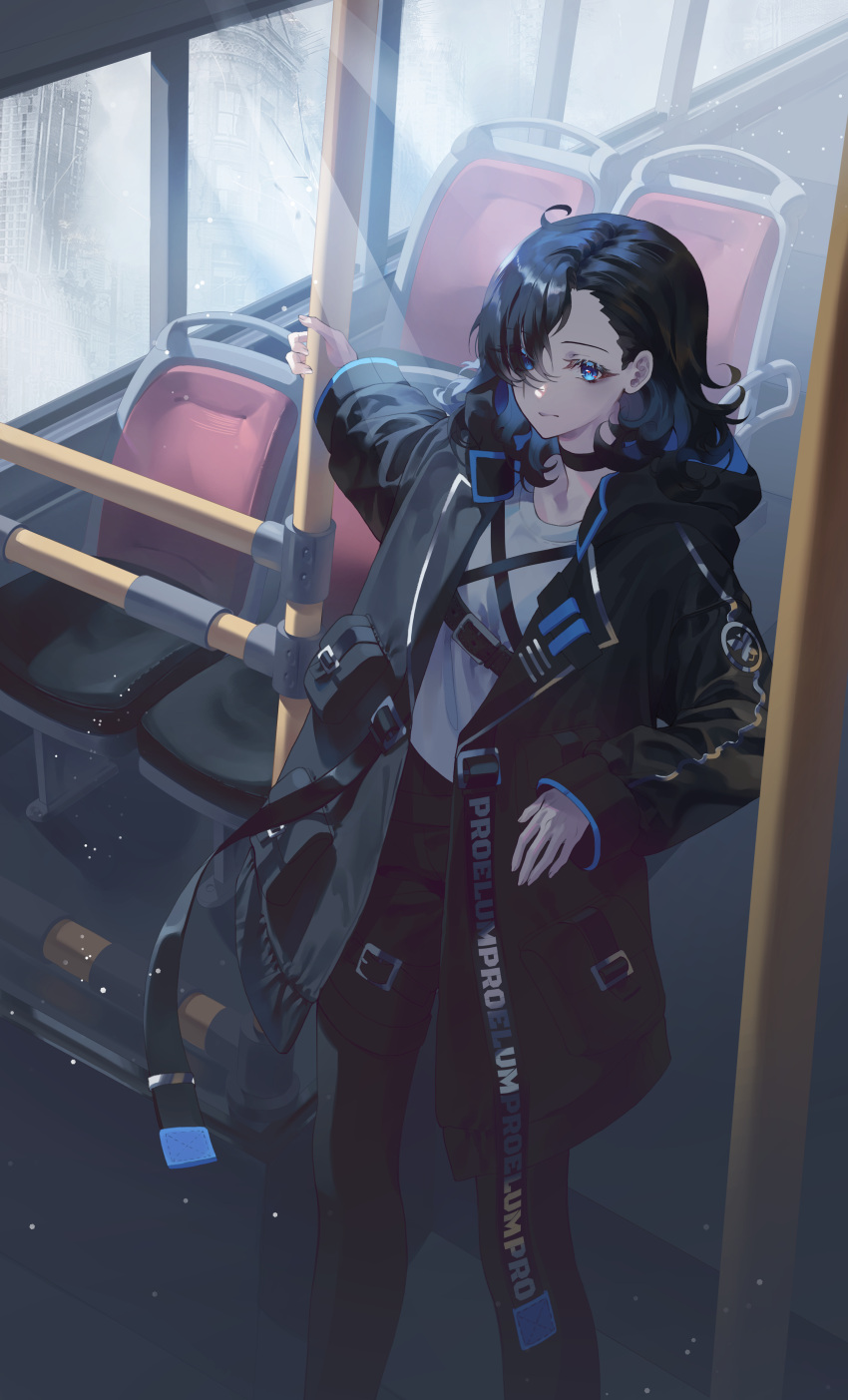 1girl absurdres black_choker black_hair black_pantyhose black_shorts blue_eyes bus choker closed_mouth commentary facing_viewer feet_out_of_frame hair_over_one_eye highres holding jacket light_rays long_hair long_sleeves looking_ahead motor_vehicle open_clothes open_jacket original pantyhose ramingbera red_jacket shirt shorts solo standing symbol-only_commentary techwear white_shirt