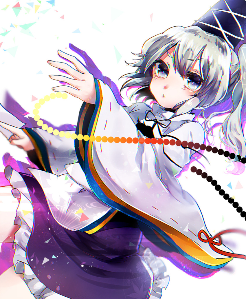 1girl beads black_bow black_bowtie blue_headwear blue_sky bow bowtie commentary_request frilled_sleeves frills grey_eyes grey_hair hat highres holding japanese_clothes kariginu long_sleeves looking_at_viewer medium_hair miniskirt mononobe_no_futo one-hour_drawing_challenge open_mouth pom_pom_(clothes) red_bow ribbon-trimmed_sleeves ribbon_trim side_ponytail skirt sky sleeve_bow sleeves_past_wrists suzune_hapinesu talisman tate_eboshi touhou triangle v-shaped_eyebrows white_background wide_sleeves