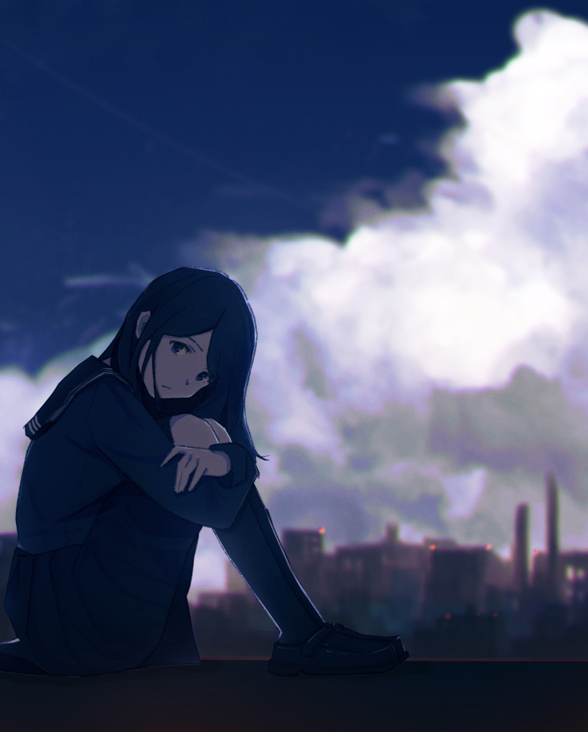 1girl absurdres arms_on_knees black_eyes black_footwear black_hair black_sailor_collar black_serafuku black_shirt black_skirt black_socks blue_sky city city_lights closed_mouth clouds cloudy_sky contrail dot_nose from_side frown full_body highres kneehighs knees_to_chest leaning_forward legs_together loafers long_hair long_sleeves looking_at_viewer miniskirt oka_kojiro original parted_bangs pleated_skirt sailor_collar school_uniform serafuku shirt shoes sidelocks sitting skirt sky smokestack socks solo straight_hair