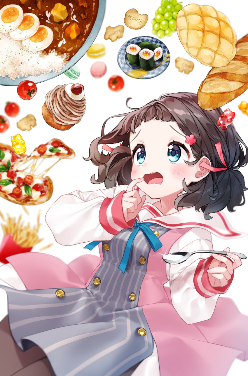 1girl absurdres animal_crackers baguette black_hair blue_dress blue_eyes blush bread buttons cupcake curry curry_rice dress drooling egg_(food) food french_fries fruit grapes gummy_bear highres holding holding_spoon jacket kurihara_sakura long_sleeves macaron medium_hair melon_bread mouth_drool open_mouth original pantyhose pink_ribbon pizza plate ribbon rice sailor_collar simple_background solo spoon striped striped_dress tomato white_background white_sailor_collar