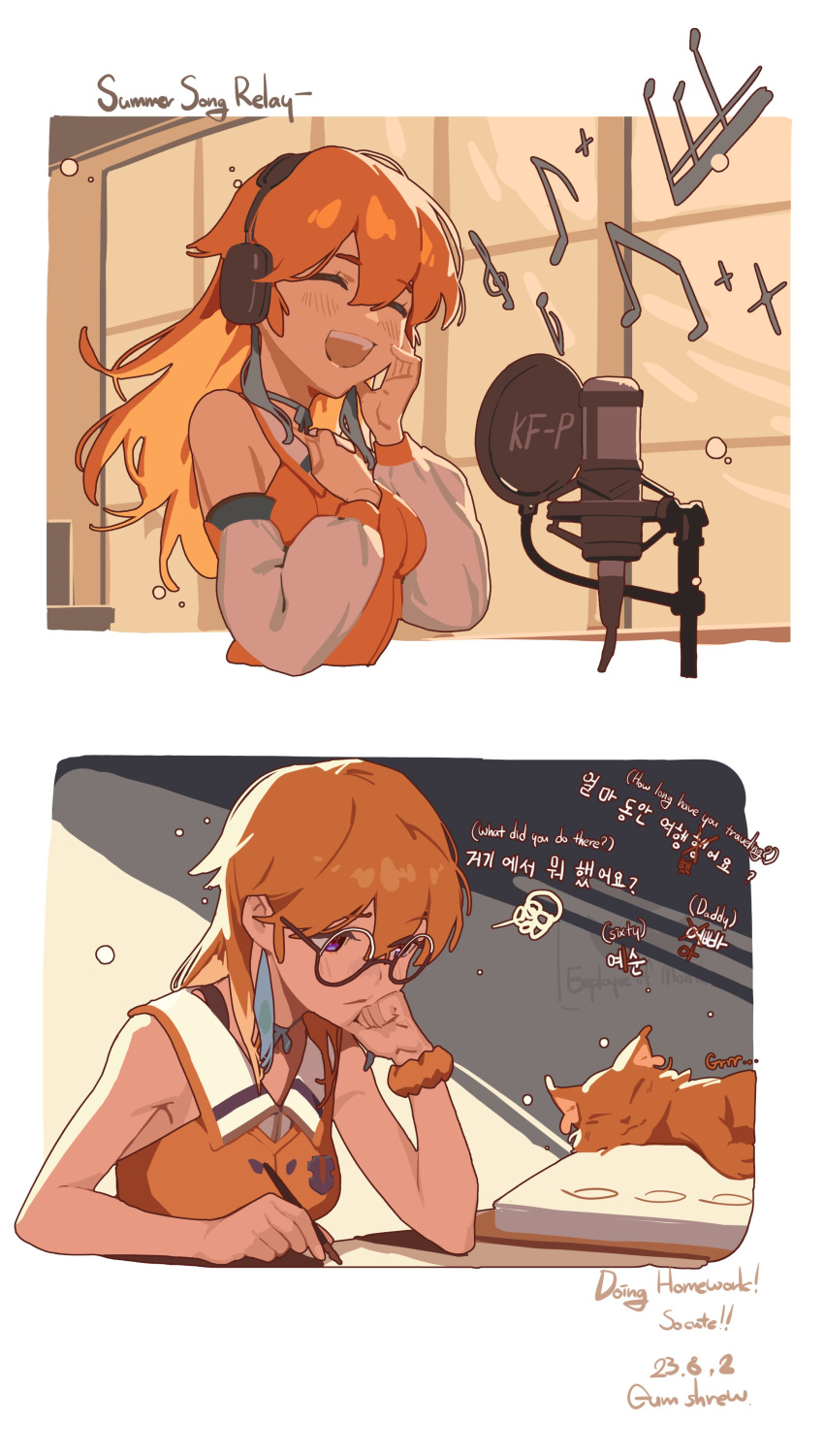1girl absurdres arm_scrunchie artist_name blush breasts cat dated earrings english_text feather_earrings feathers gum_shrew hand_on_own_cheek hand_on_own_face headphones highres hololive hololive_english jewelry korean_text long_hair medium_breasts microphone music musical_note orange_hair round_eyewear singing studio_microphone studying takanashi_kiara violet_eyes virtual_youtuber