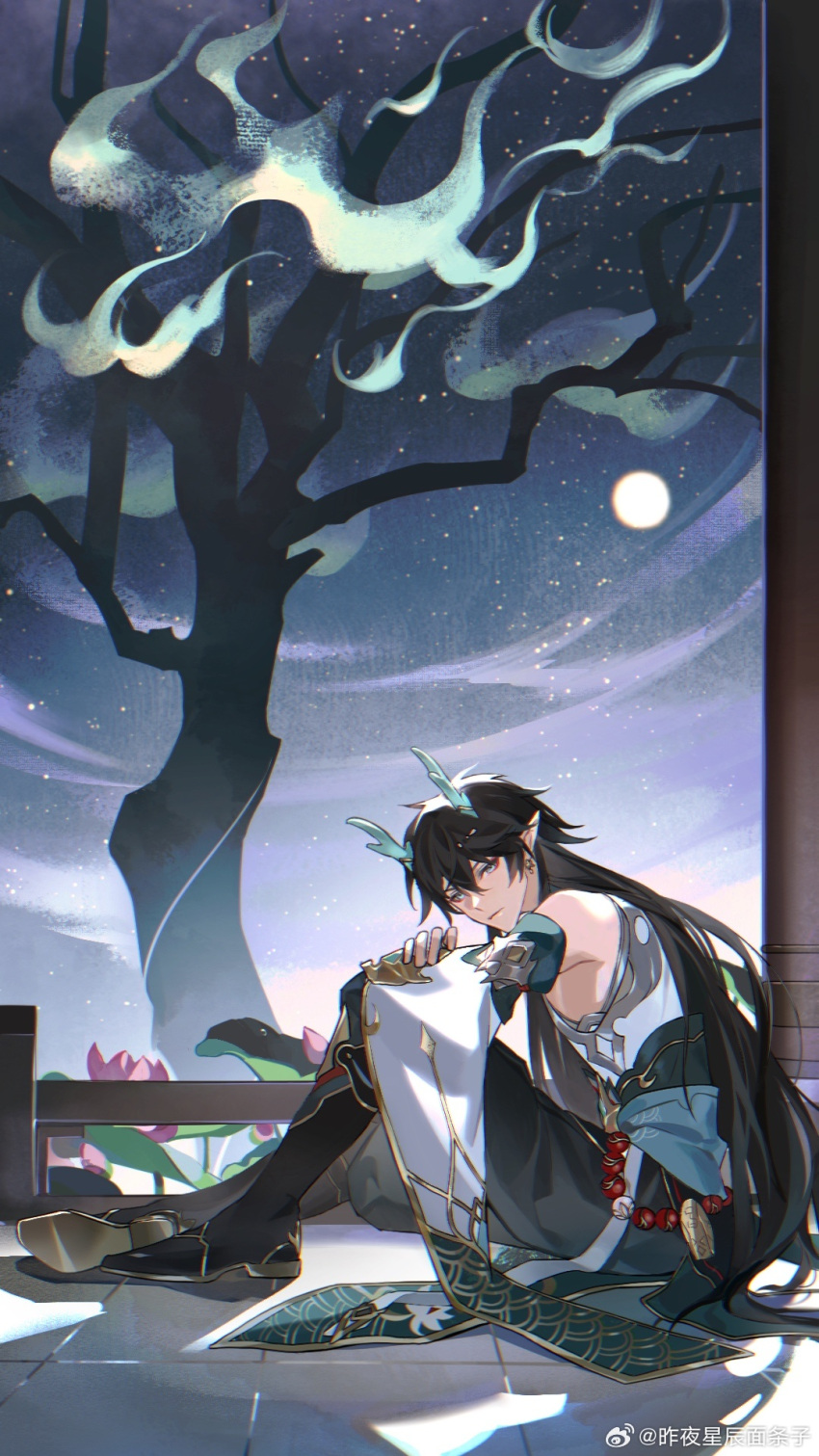 1boy bare_shoulders black_gloves black_hair black_pants blue_theme chinese_clothes dan_heng_(honkai:_star_rail) dan_heng_(imbibitor_lunae)_(honkai:_star_rail) detached_sleeves dragon dragon_boy dragon_horns earrings elbow_gloves expressionless fingerless_gloves flower gloves green_eyes green_horns grey_shirt hair_between_eyes highres honkai:_star_rail honkai_(series) horns jewelry leaf long_hair long_sleeves looking_at_viewer looking_back lotus male_focus maple_leaf melting moon pants pink_flower pointy_ears red_eyeliner shirt single_earring sky sleeves_past_elbows solo standing traditional_clothes tree very_long_hair water white_flower white_sleeves
