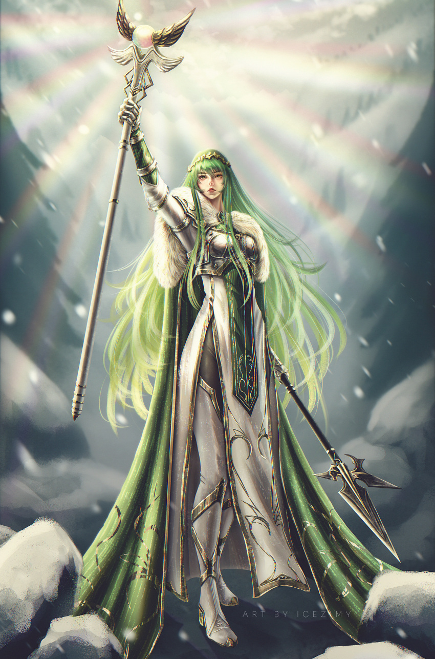1girl absurdres arm_up boots cloak commission commissioner_upload erinys_(fire_emblem) fire fire_emblem fire_emblem:_genealogy_of_the_holy_war forest green_hair highres holding holding_weapon icezimy lance long_hair nature non-web_source polearm snow snowing thigh-highs thigh_boots very_long_hair weapon