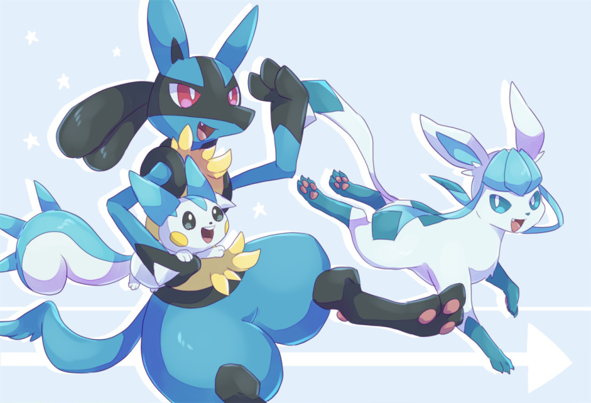 blue_background carrying carrying_under_arm glaceon kechon-san lucario no_humans open_mouth pachirisu pokemon pokemon_(creature) running simple_background teeth upper_teeth_only