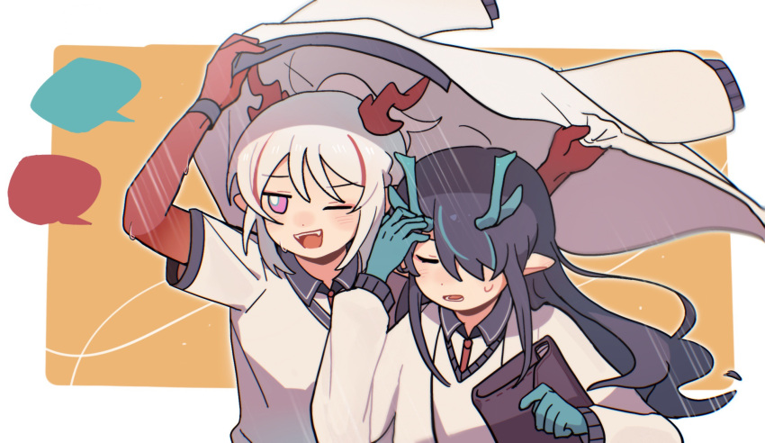2girls ;d arknights arms_up black_hair blank_speech_bubble blue_hair collared_shirt dusk_(arknights) grey_hair hair_over_one_eye highres holding holding_clothes holding_jacket improvised_umbrella jacket long_hair long_sleeves multicolored_hair multiple_girls nian_(arknights) one_eye_closed open_clothes open_jacket orange_background pointy_ears puffy_long_sleeves puffy_sleeves redhead school_briefcase school_uniform shirt sifeizui smile speech_bubble streaked_hair sweat sweater_vest two-tone_background very_long_hair violet_eyes white_background white_shirt