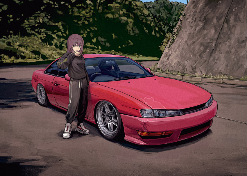 1girl :d absurdres black_sweater bokuya brown_hair car closed_mouth commentary_request eyebrows_hidden_by_hair grey_eyes hair_behind_ear highres medium_hair motor_vehicle nissan nissan_s14_silvia nissan_silvia original pants revision shoes smile sneakers solo sports_car sweater sweatpants vehicle_focus
