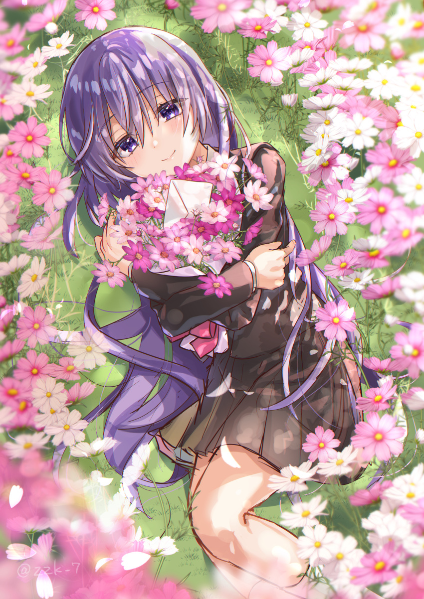 1girl absurdres angel_beats! black_skirt blurry blurry_edges bouquet commentary_request cosmos_(flower) day depth_of_field eyelashes eyes_visible_through_hair feet_out_of_frame flower from_above grass hair_between_eyes heaven_burns_red highres holding holding_bouquet holding_flower irie_miyuki letter light_blush long_hair looking_at_viewer lying miniskirt on_side outdoors pink_flower pleated_skirt purple_hair school_uniform skirt smile solo twitter_username very_long_hair violet_eyes white_flower zuzuhashi