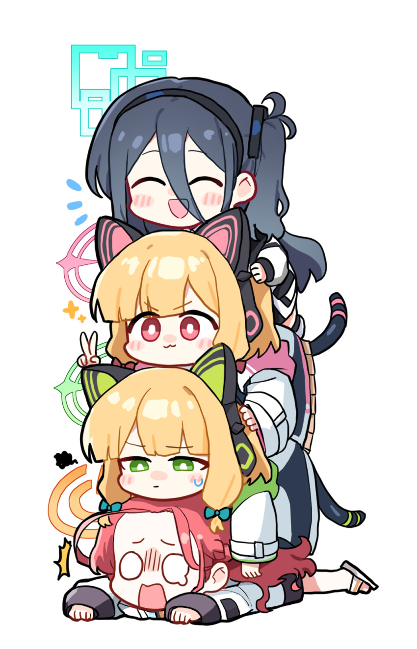 4girls ^_^ animal_ear_headphones animal_ears aris_(blue_archive) blue_archive blush cat_ears cat_tail chibi closed_eyes fake_animal_ears fake_tail game_development_department_(blue_archive) halo headphones highres jacket lying lying_on_person midori_(blue_archive) momoi_(blue_archive) multiple_girls o_o on_stomach siblings simple_background sisters smile sweatdrop tail twins v white_background white_jacket yanggaengwang yuzu_(blue_archive)