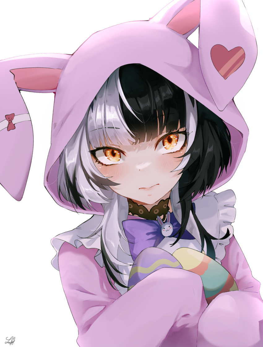 1girl absurdres animal_costume animal_hood black_choker black_hair bow choker closed_mouth commentary easter_egg egg grey_hair heart highres hololive hololive_english hood hood_up lace lace_choker light_blush looking_at_viewer lucferz multicolored_hair purple_bow rabbit_costume rabbit_hood shiori_novella signature simple_background solo split-color_hair symbol-only_commentary upper_body virtual_youtuber white_background yellow_eyes