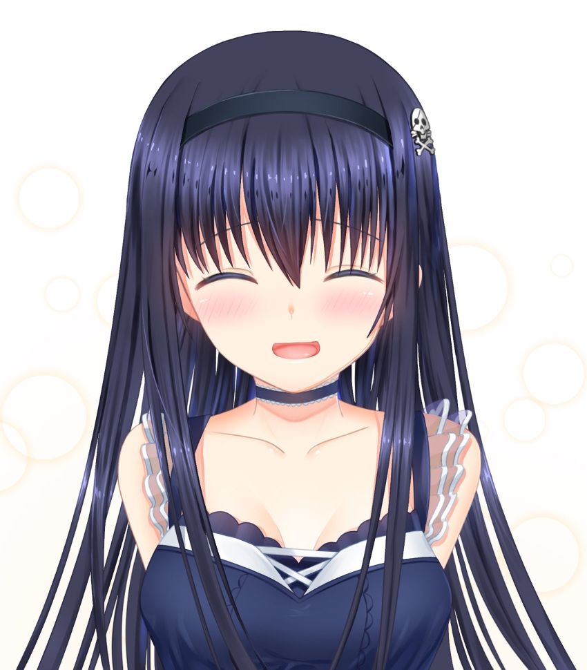 1girl :d ^_^ black_choker black_dress black_hair black_hairband blush bone_hair_ornament breasts choker close-up closed_eyes collarbone commentary_request dress facing_viewer frilled_choker frilled_dress frills hair_between_eyes hair_ornament hairband happy highres kushima_kamome large_breasts long_hair open_mouth sidelocks simple_background skull_and_crossbones skull_hair_ornament sleeveless sleeveless_dress smile solo straight_hair summer_pockets white_background zuzuhashi