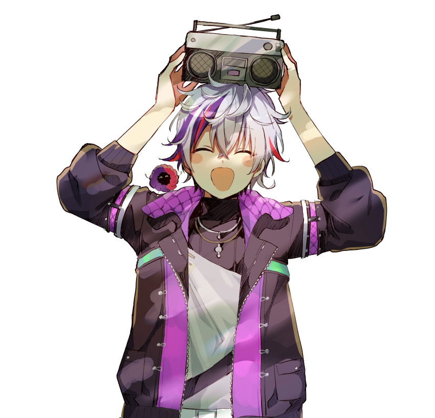 1boy :d ^_^ absurdres arms_up black_jacket blush_stickers closed_eyes facing_viewer fuwa_minato grey_hair hair_between_eyes highres holding jacket long_sleeves male_focus multicolored_hair nijisanji open_clothes open_jacket puffy_long_sleeves puffy_sleeves purple_hair redhead shirt simple_background smile sofra solo stereo streaked_hair upper_body virtual_youtuber white_background white_shirt