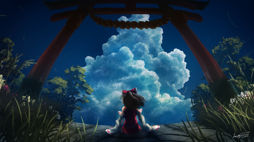 1girl arms_at_sides artist_name black_hair blue_sky bow clouds cloudy_sky dated detached_sleeves facing_away fisheye flower frilled_bow frills from_behind from_ground grass hair_bow hakurei_reimu highres looking_afar looking_ahead on_ground red_bow red_shirt red_skirt ribbon-trimmed_sleeves ribbon_trim rope shimenawa shirt short_hair signature sitting skirt sky sleeveless sleeveless_shirt solo torii touhou tree white_sleeves wide_sleeves wind wjstpwls4