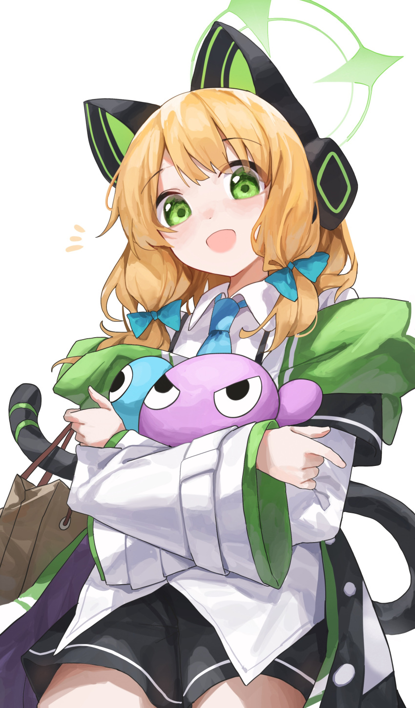 1girl absurdres animal_ear_headphones animal_ears bag blue_archive blue_bow blue_necktie bow cat_ear_headphones cat_ears cat_tail collared_shirt commentary_request cowboy_shot dress_shirt fake_animal_ears green_eyes green_halo green_jacket hair_bow halo headphones highres holding holding_bag jacket long_hair long_sleeves looking_at_viewer looking_down midori_(blue_archive) necktie notice_lines object_hug off_shoulder open_mouth orange_hair paper_bag sentter shirt sidelocks simple_background smile solo stuffed_toy tail white_background white_shirt wide_sleeves