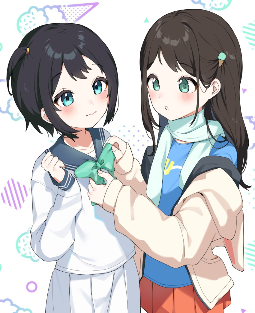 2girls airi_(blue_archive) alternate_costume black_hair blue_archive blue_eyes blush character_request closed_mouth commentary_request commission food-themed_hair_ornament hair_ornament highres ice_cream_hair_ornament inuyama_nanami jacket looking_at_another multiple_girls scarf school_uniform short_hair simple_background skeb_commission white_background
