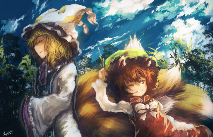 2girls adjusting_clothes adjusting_headwear animal_ears animal_hat artist_name blonde_hair blue_sky blue_tabard bow bowtie brown_eyes brown_hair cat_ears chen closed_eyes closed_mouth clouds cloudy_sky dated dress fox_tail frilled_dress frills green_headwear hat highres long_sleeves mob_cap multiple_girls multiple_tails nature one_eye_closed outdoors plant red_vest shirt short_hair signature sky smile smirk tabard tail touhou tree upper_body vest white_bow white_bowtie white_dress white_headwear white_shirt wide_sleeves wjstpwls4 yakumo_ran