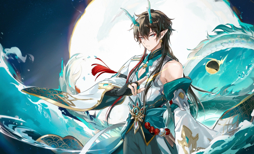 1boy achyue bare_shoulders black_gloves black_hair black_pants blue_theme chinese_clothes chinese_commentary commentary_request dan_heng_(honkai:_star_rail) dan_heng_(imbibitor_lunae)_(honkai:_star_rail) detached_sleeves dragon dragon_boy dragon_horns earrings elbow_gloves expressionless fingerless_gloves full_moon gloves green_eyes green_horns hair_between_eyes highres honkai:_star_rail honkai_(series) horns jewelry long_hair long_sleeves looking_at_viewer male_focus moon pants pointy_ears red_eyeliner shirt single_earring solo standing traditional_clothes water white_sleeves