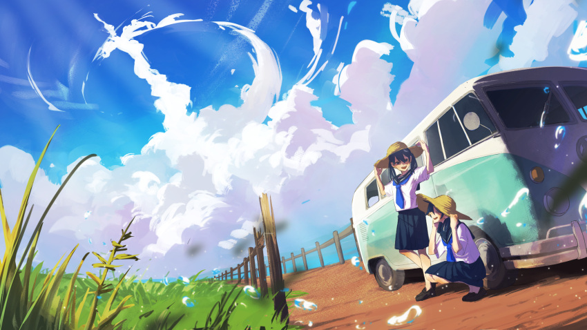 2girls black_footwear black_hair blue_neckerchief blue_sky blurry clouds cloudy_sky commentary_request day depth_of_field full_body grass hat hat_tug highres loafers long_hair looking_at_another motor_vehicle multiple_girls neckerchief open_mouth original outdoors scenery school_uniform serafuku shibainu_illust shoes sitting sky smile standing sun_hat twintails van