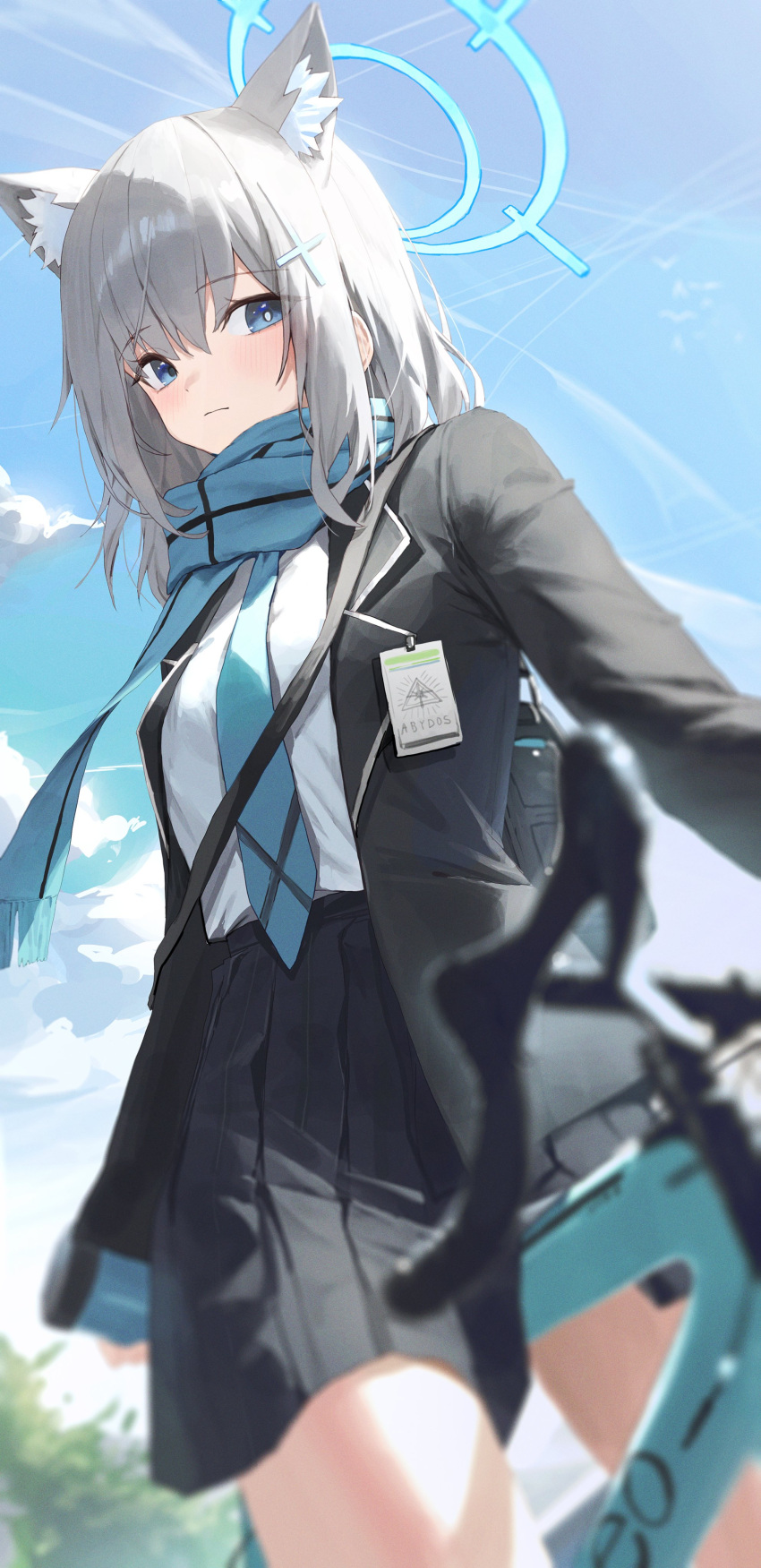 1girl absurdres animal_ear_fluff animal_ears aqua_necktie aqua_scarf bicycle black_jacket black_skirt blazer blue_archive blue_eyes blurry blush breasts cross_hair_ornament depth_of_field gnns grey_hair hair_ornament halo highres id_card jacket looking_at_viewer mismatched_pupils necktie outdoors pleated_skirt scarf school_uniform shiroko_(blue_archive) shirt shirt_tucked_in skirt small_breasts solo white_shirt wolf_ears