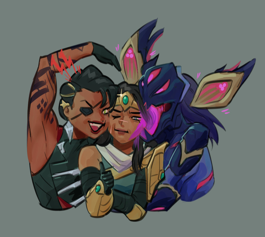 3girls abs amputee andrea_salonga annoyed arm_tattoo black_gloves black_hair bodysuit chibi closed_mouth colored_tongue detached_wings earrings eyepatch gloves green_eyes grey_background hair_ornament hug jewelry kai'sa league_of_legends looking_at_viewer multiple_girls one_eye_closed open_mouth purple_hair purple_tongue samira scarf simple_background sivir smile tan tattoo tongue tongue_out upper_body white_scarf wings