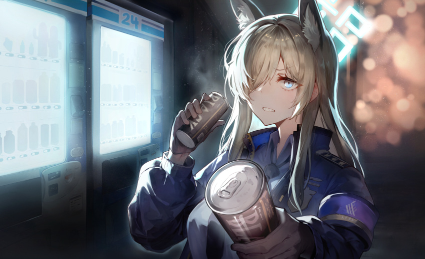 1girl animal_ear_fluff animal_ears black_nails blonde_hair blue_archive blue_armband blue_eyes blue_halo blue_jacket blue_shirt blurry breasts brown_gloves can collared_shirt commentary depth_of_field gloves greypidjun hair_over_one_eye halo hand_up highres jacket kanna_(blue_archive) large_breasts long_hair long_sleeves looking_at_viewer night one_eye_covered open_clothes open_jacket open_mouth reaching reaching_towards_viewer sharp_teeth shirt sidelocks solo teeth upper_body vending_machine