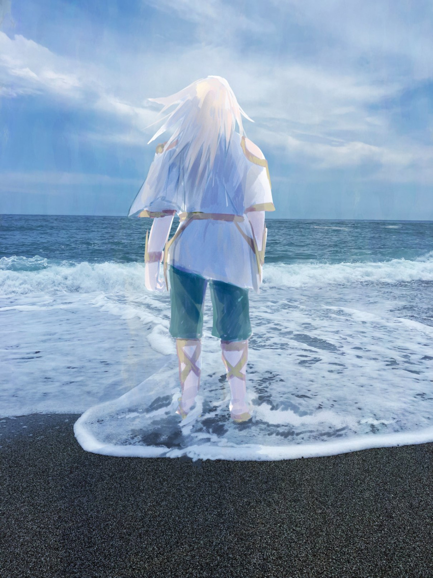 1boy beach blonde_hair blue_sky clouds cloudy_sky commentary_request day from_behind highres male_focus medium_hair ocean official_alternate_costume outdoors photo_background pokemon pokemon_(game) pokemon_legends:_arceus sky solo volo_(pokemon) yagiyama