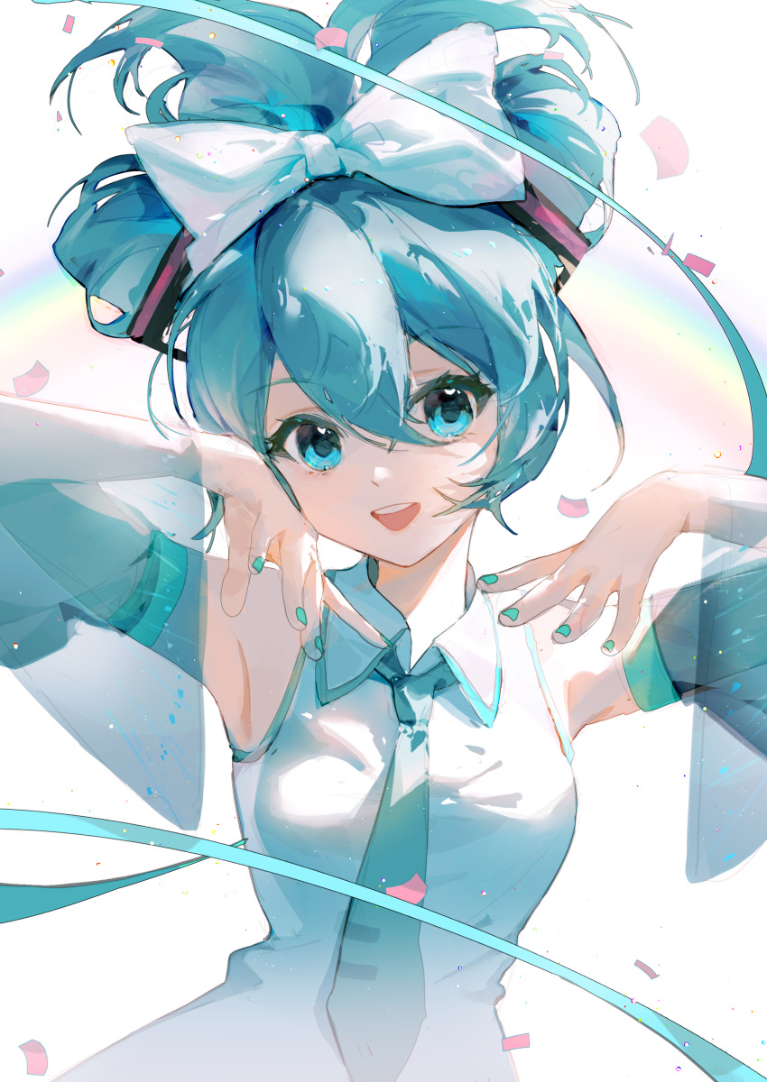 1girl :d absurdres aqua_eyes aqua_hair aqua_nails aqua_necktie aqua_ribbon arms_up bow chromatic_aberration cinnamiku collared_shirt commentary_request confetti detached_sleeves hair_between_eyes hair_bow hair_ornament hatsune_miku highres looking_at_viewer necktie open_mouth rainbow requiem1113 ribbon sanrio see-through see-through_sleeves shirt sleeveless sleeveless_shirt smile solo teeth updo upper_body upper_teeth_only vocaloid white_background white_bow white_shirt wing_collar