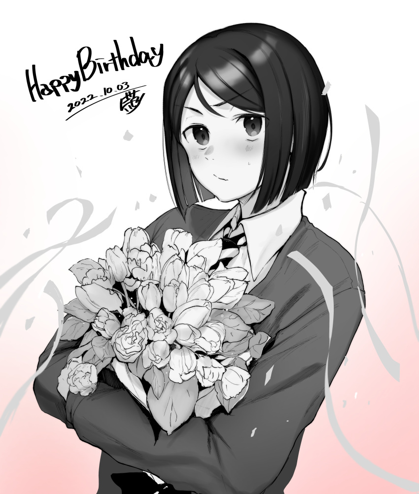 1boy 5saiji absurdres birthday blush bouquet closed_mouth collared_shirt dated fate/zero fate_(series) flower gradient_background greyscale happy_birthday highres holding holding_bouquet long_sleeves looking_at_viewer male_focus monochrome shirt signature simple_background solo streamers upper_body waver_velvet