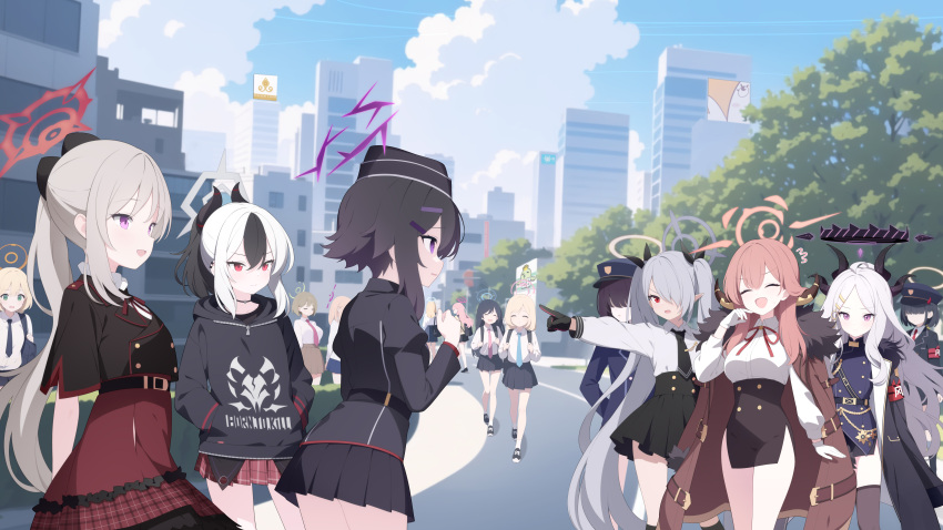 6+girls :d ^_^ absurdres ahoge aru_(blue_archive) black_hair black_headwear black_jacket black_necktie black_ribbon black_skirt blonde_hair blue_archive blue_headwear blue_jacket blue_sky breasts brown_hair brown_jacket brown_skirt building character_request closed_eyes clouds collared_shirt commentary_request cropped_jacket day dress_shirt faceless faceless_female fur-trimmed_jacket fur_trim garrison_cap green_eyes grey_hair groin hair_ornament hair_over_one_eye hair_ribbon hairclip halo haruka_(blue_archive) hat high-waist_skirt highres hina_(blue_archive) horns iori_(blue_archive) jacket jacket_on_shoulders jyt kayoko_(blue_archive) long_hair medium_breasts multicolored_hair multiple_girls mutsuki_(blue_archive) neck_ribbon necktie outdoors outstretched_arm parted_bangs peaked_cap peroro_(blue_archive) pink_hair pink_necktie plaid plaid_skirt pleated_skirt pointing ponytail prefect_team_member_(blue_archive) problem_solver_68_(blue_archive) profile red_ribbon red_skirt ribbon shirt skirt sky smile tree two-tone_hair very_long_hair violet_eyes white_hair white_shirt