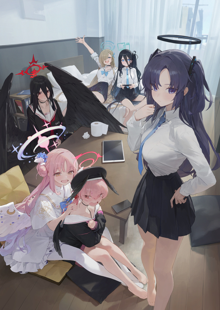 6+girls absurdres aris_(blue_archive) asuna_(blue_archive) asymmetrical_bangs bare_legs barefoot beret black_headwear black_serafuku black_skirt black_wings blue_archive blue_bow blue_bowtie blue_necktie bow bowtie breasts capelet cellphone comiket_102 cover cover_image dress feathered_wings hair_between_eyes hair_over_one_eye halo hasumi_(blue_archive) hat highres indoors koharu_(blue_archive) long_bangs long_sleeves looking_at_viewer medium_breasts mika_(blue_archive) modare multiple_girls necktie one_eye_covered pantyhose parted_bangs phone pleated_skirt school_uniform serafuku shirt sitting skirt standing tablet_pc textless_version tissue toes white_capelet white_dress white_pantyhose white_shirt white_wings wings yuuka_(blue_archive)